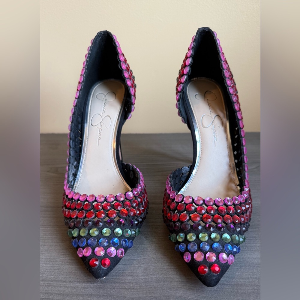 Jessica Simpson Vibrant Rainbow Rhinestone d’Orsay Heels